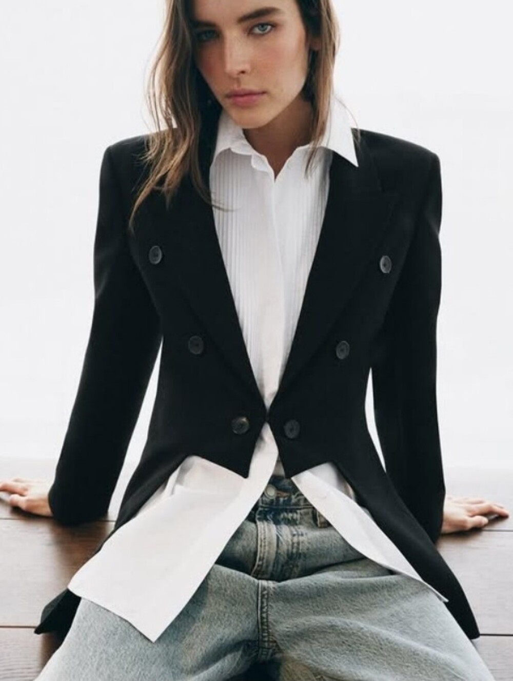 Zara zw Collection Asymmetric  Black  Double-Breasted Blazer Sz-L - Picture 6 of 13